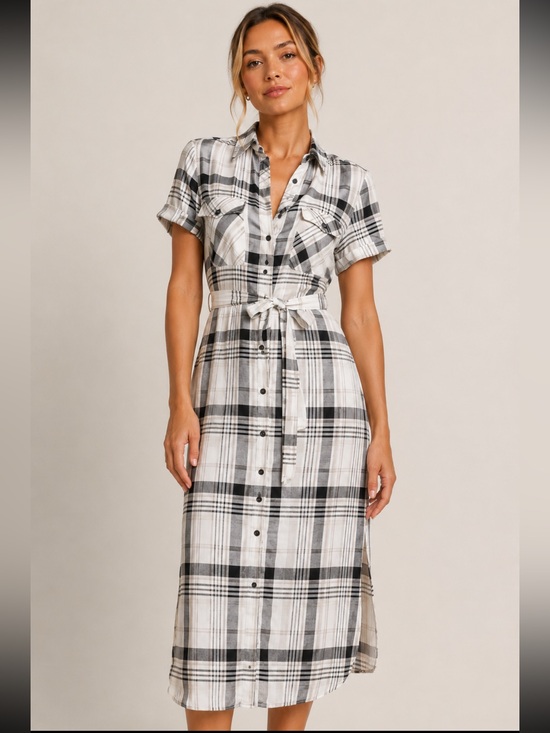 Anthropologie Dresses & Skirts - Cloth & Stone Anthropologie Plaid Button Front Linen Blend Shirt Dress - Size L